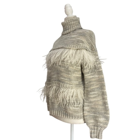 Cinq à Sept Valentina Ostrich Feather Trimmed Turtleneck Wool Blend - Picture 6 of 13